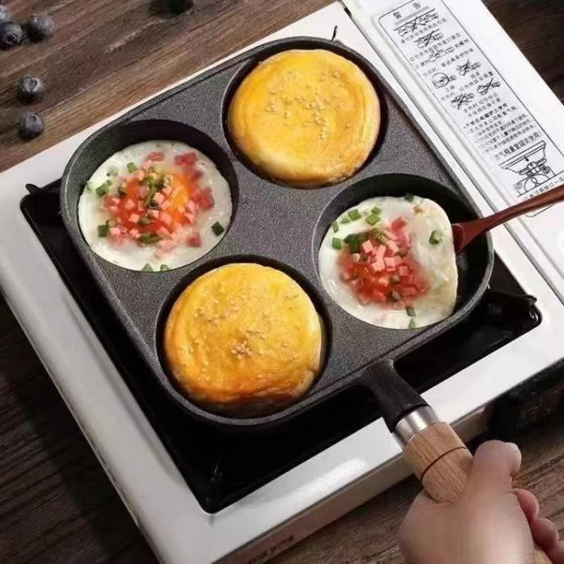 Cast Iron 4-Hole Breakfast Pan Eggs Dumplings Burgers Pancakes Non-Coated Skillet Compatible With Gas Induction Stove
