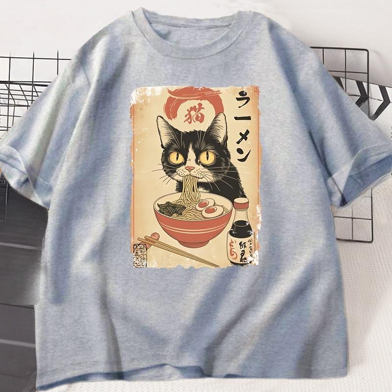 Ramen Cat T-shirt Japanese Style Black Cat Eating Ramen Grpahic T Shirts TrendySoft Short Sleeve Clothing