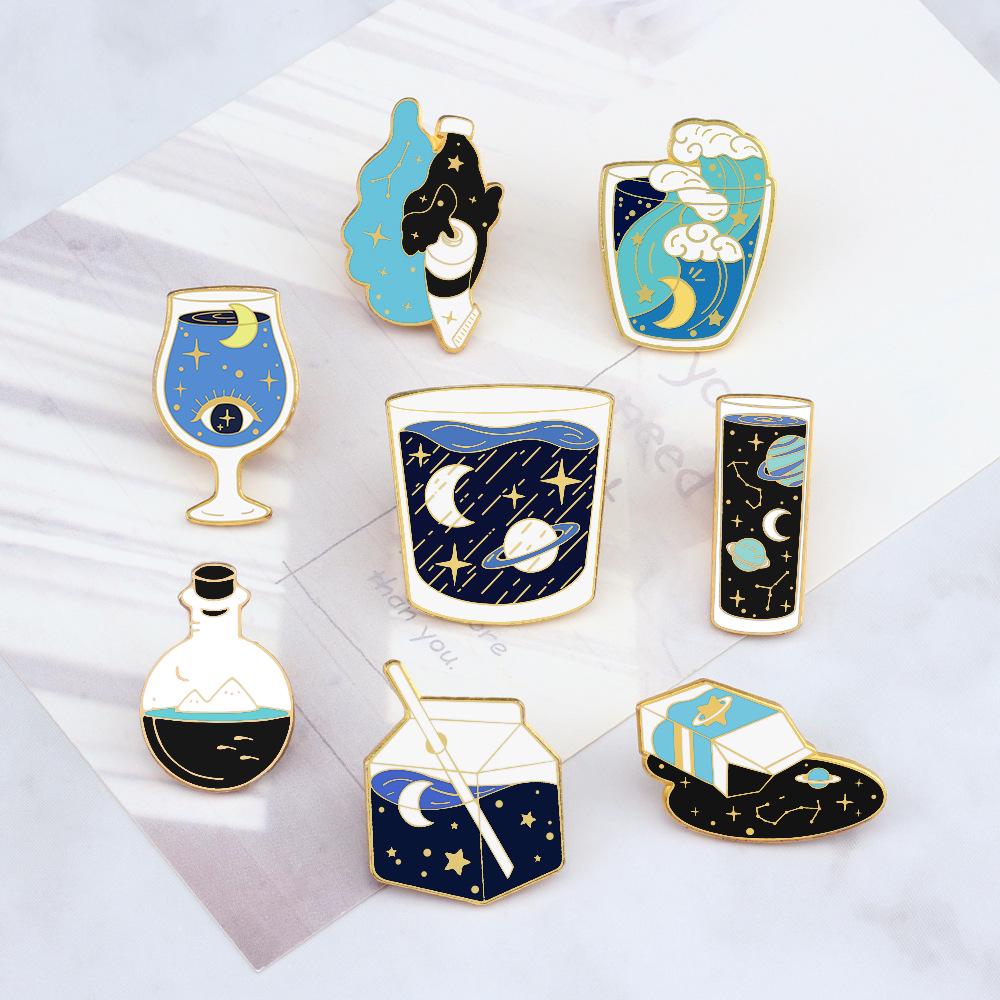 Iridescent Starry Sky Enamel Brooch: Cartoon Lapel Pin in Test Tube, Wine Glass, and Milk Shapes for Men & Women