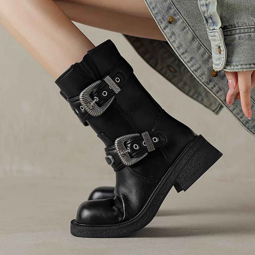 Krazing Pot Kravská kůže Čtvercová špička Zimní Střední podpatky Moderní Westernové boty Ženy Rockový styl Vintage Kovové zapínání Kotníkové boty