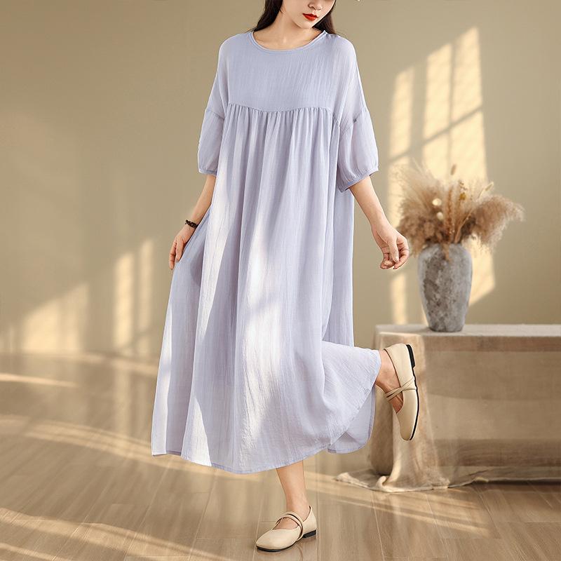 9013 Gradient Five-Sleeve Plus Size Cotton-Linen Ramie Dress - Loose Fit Long Skirt, Summer 2026 L светло-серый