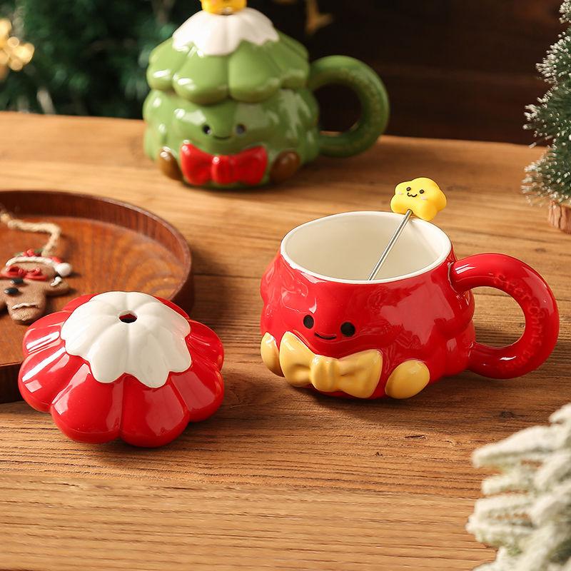 Keramický pohár na vánoční stromeček, tyčka na míchání, hrnek pro pár s víčkem, 420 ml hodnotný dárek k narozeninám pro dívky