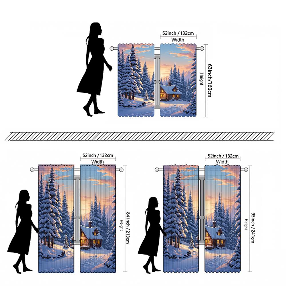 Piece Set High Definition Digital Printed Curtainwinter Snowy Forest Cabin Warm Light Curtainshome Decoration St Curtain Polyester With Rod Pocket