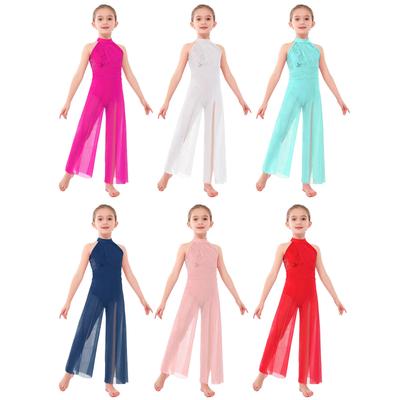 Girls Sleeveless Mock Neck Crisscross Strappy Back Shiny Sequins Mesh Split Wide Leg Jumpsuit Lyrical Dancewear