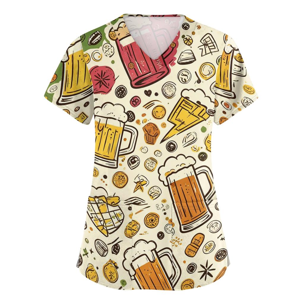 Women's V Neck Short Sleeve Work Top with Pockets Oktoberfest Print Medical Uniform Nurse Scrub Shirt for Healthcare Professionals