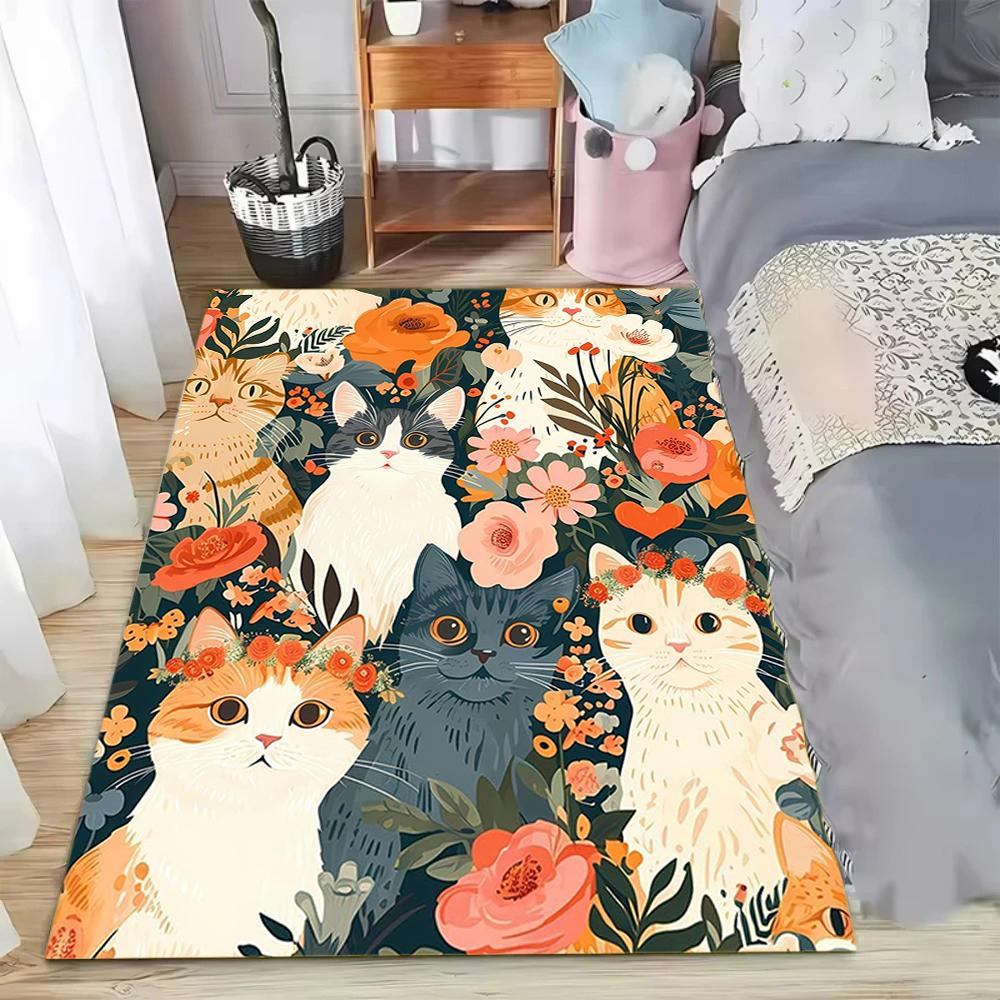 Vintage Floral Cat Print Carpet Cute Animal Themed Rug Modern Art Home Decor Soft Non-slip Absorbent Floor Mat for Living Room