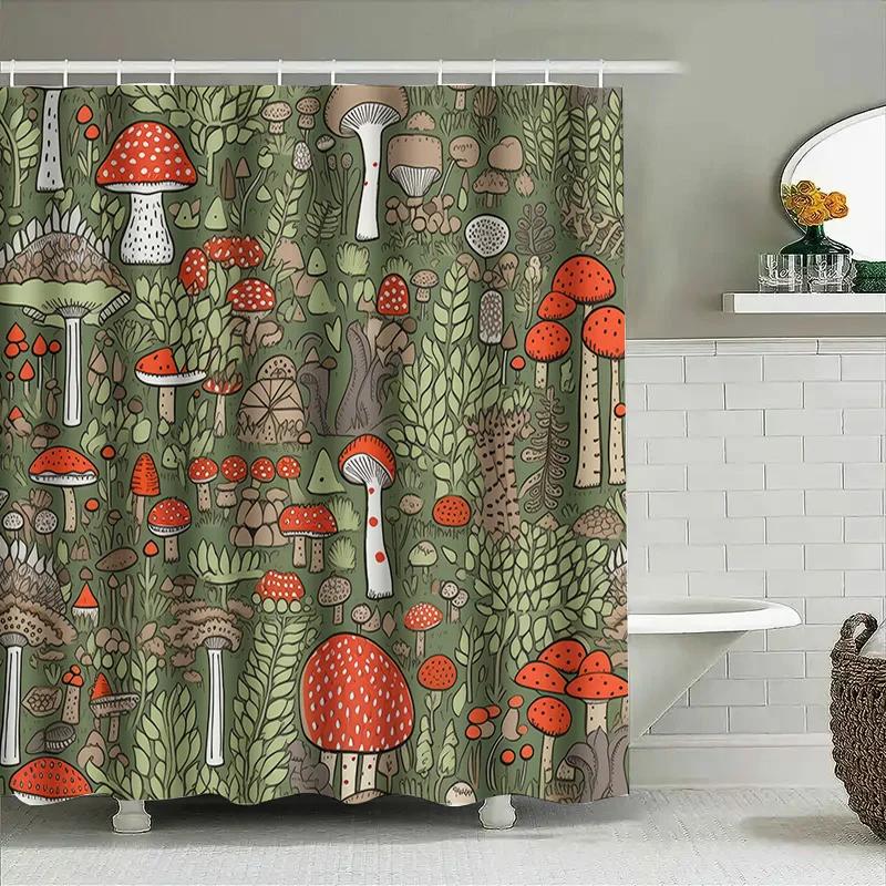 Green Mushroom Bath Mat Creative Mushroom Shower Curtain With Leaf Design For Bathroom Decor In Green Red Colors |