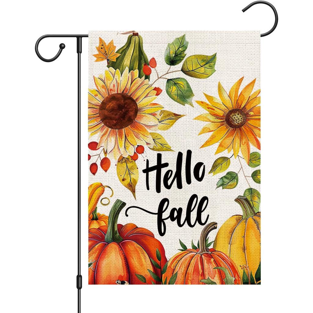 Hello Fall Garden Flag Double Sided for Outside, Autumn Thanksgiving Pumpkin Sunflowers Seasonal Small Yard Outdoor Flag