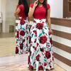 European & American Style Long Skirt with Digital Print, Color-Matched, Long/Short Sleeve Dress for Women