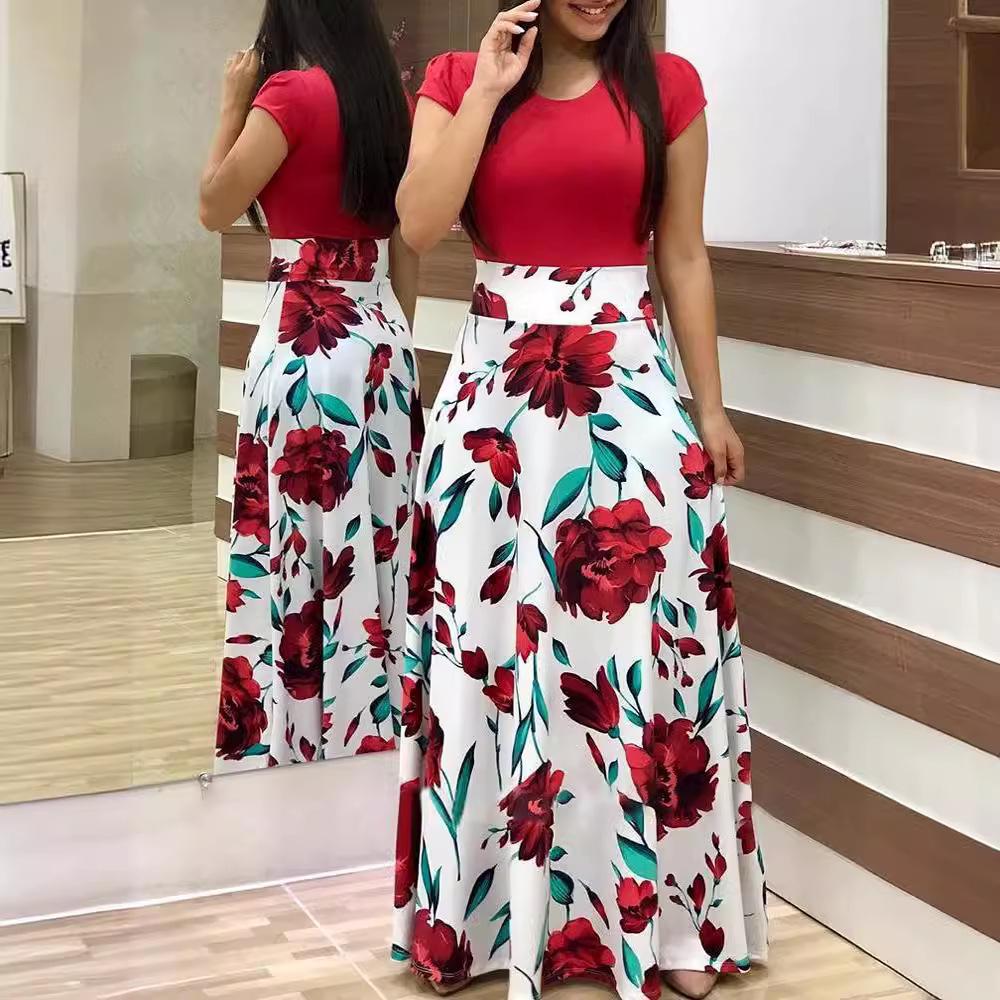 European & American Style Long Skirt with Digital Print, Color-Matched, Long/Short Sleeve Dress for Women