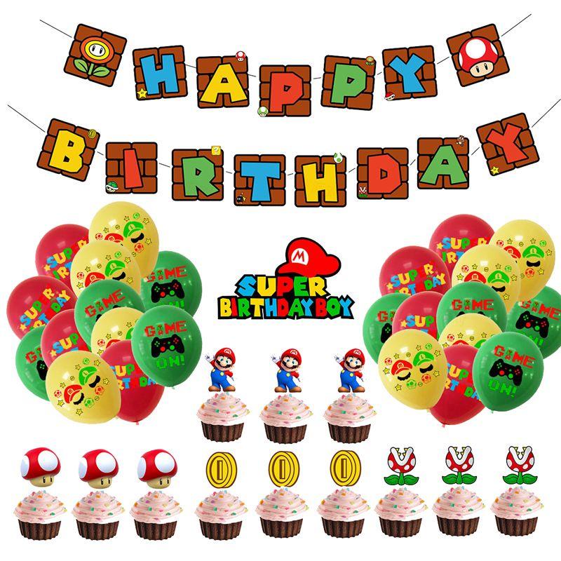 Birthday Mario Super Party Decor Suit Supplies Set Balloon Banner Topper Cake