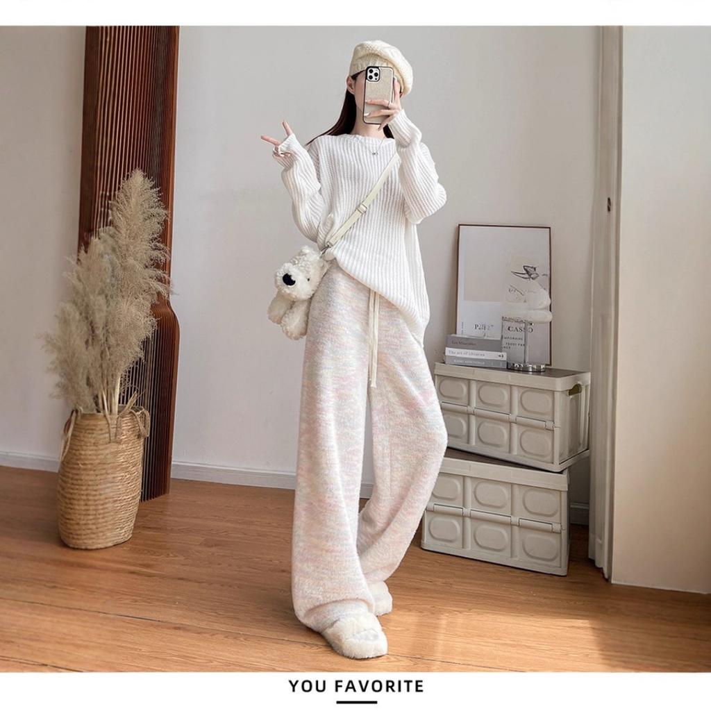 Dámské kalhoty s širokými nohavicemi s duhovými puntíky na podzim a zimu, kalhoty z lepkavé rýže s vysokým pasem a splývavým efektem, ležérní rovné trubkové silné vlněné kalhoty