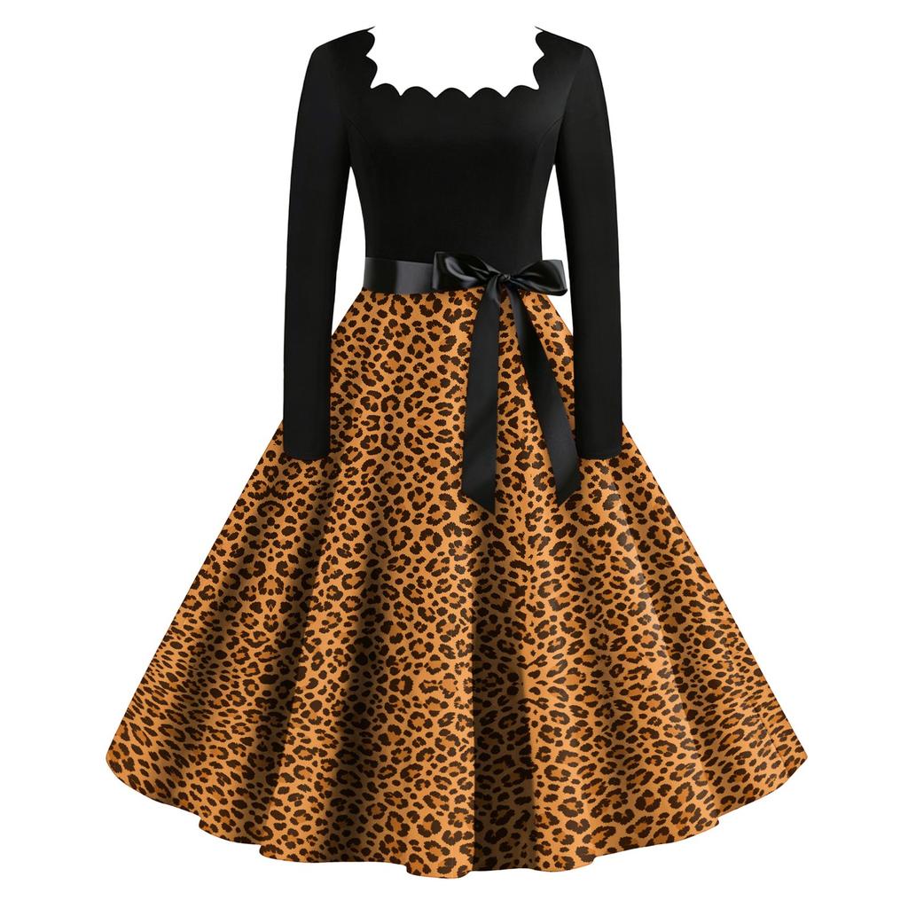Women's Casual Vintage Leopard Print Long Sleeve Round Neck Dress