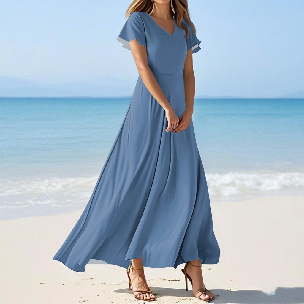 Women's Summer Casual Fashion Solid Color Dresses V-Neck Short Sleeve Dresses