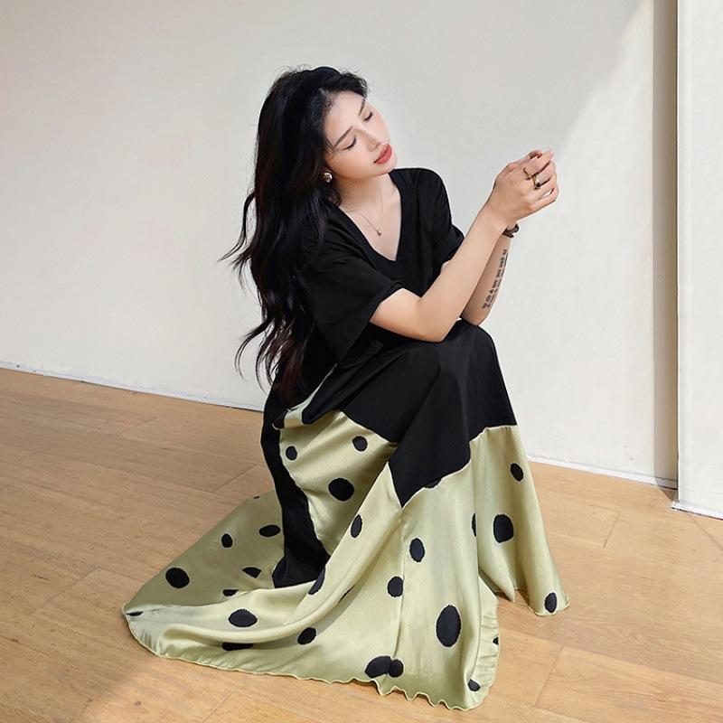 YYFS Damenmode Sommer Frühling Polka Dot Print Kurzarm V-Ausschnitt Lockere Taille Freizeitkleider