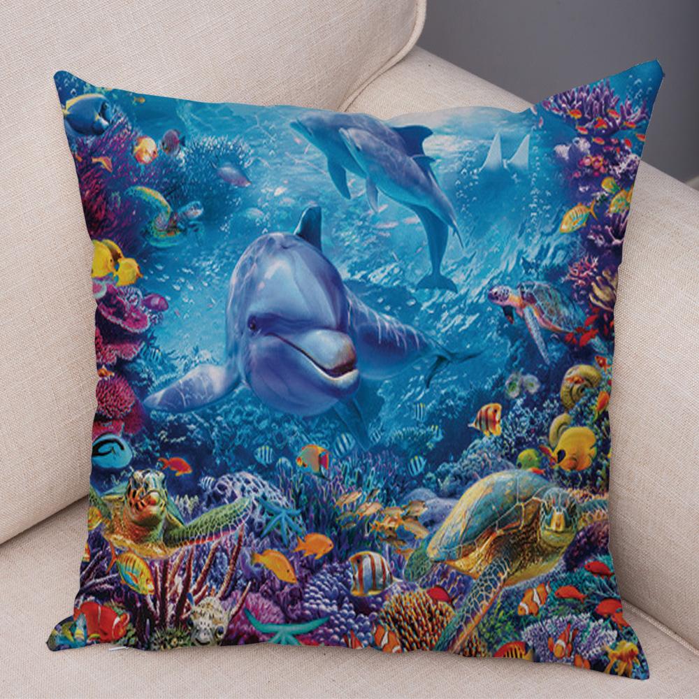 Marine Turtle Dolphins Shark Cushion Cover Short Plush Decor Colorful Ocean Animal Pillowcase Pillow Case for Sofa Home Car