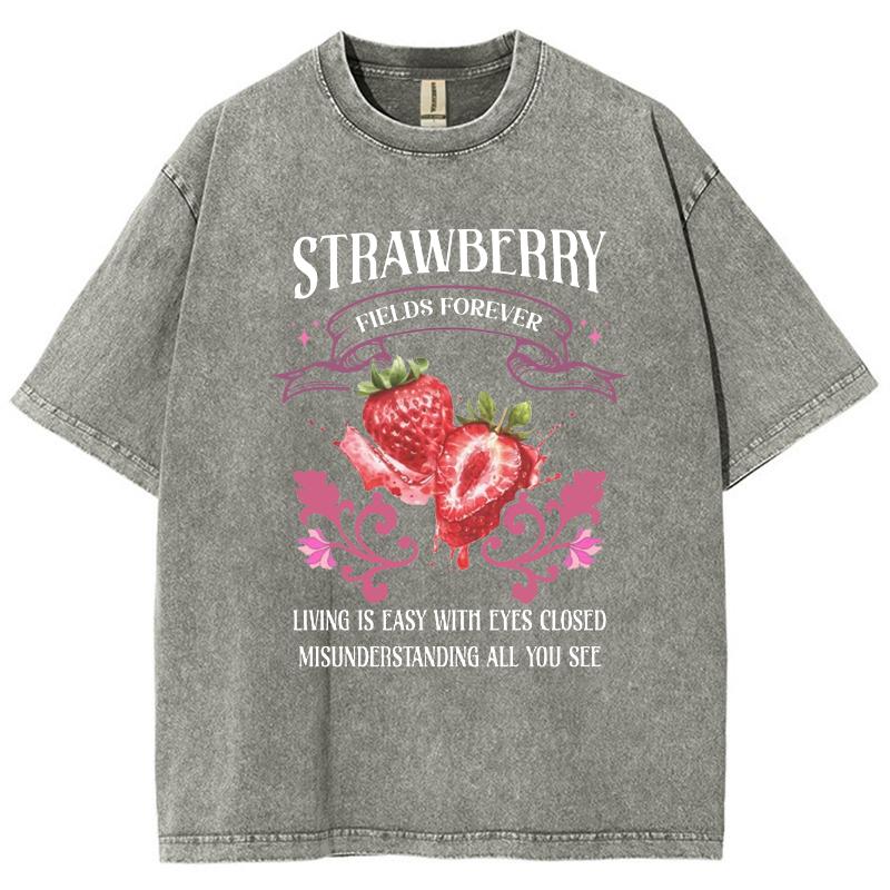Strawberry Fruit Print Women's Wash T-Shirt Loose Oversized Cotton Comfortable Top Short Sleeve Basic Cute Tees