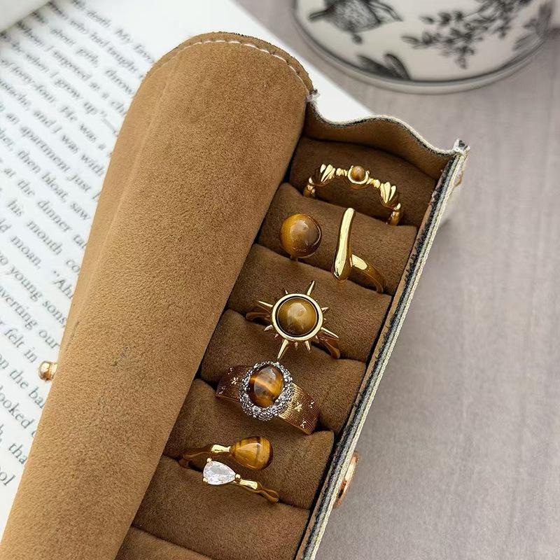 Light Luxury Niche Design Sense Medieval Geometric Imitation Tiger'S Eye Stone Ring Female Retro Stacking Wearing Exquisite Personalized Ring