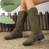 Autumn Winter Retro Western Cowboy Boots Women's Pointed Toe Chunky High Heel Fashion Boots New  Size 36-43 Knee-High Boots