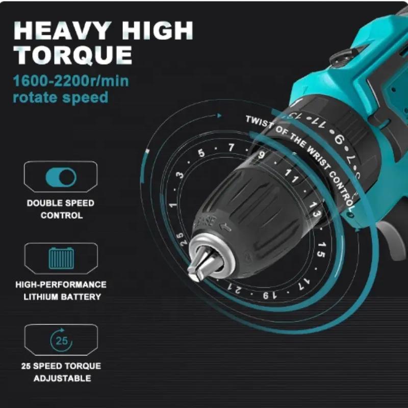 Domácí multifunkční 21V akumulátorová vrtačka 3 pracovní režimy 2stupňová regulace otáček plynulá regulace otáček mini elektrická vrtačka/šroubovák s LED světlem