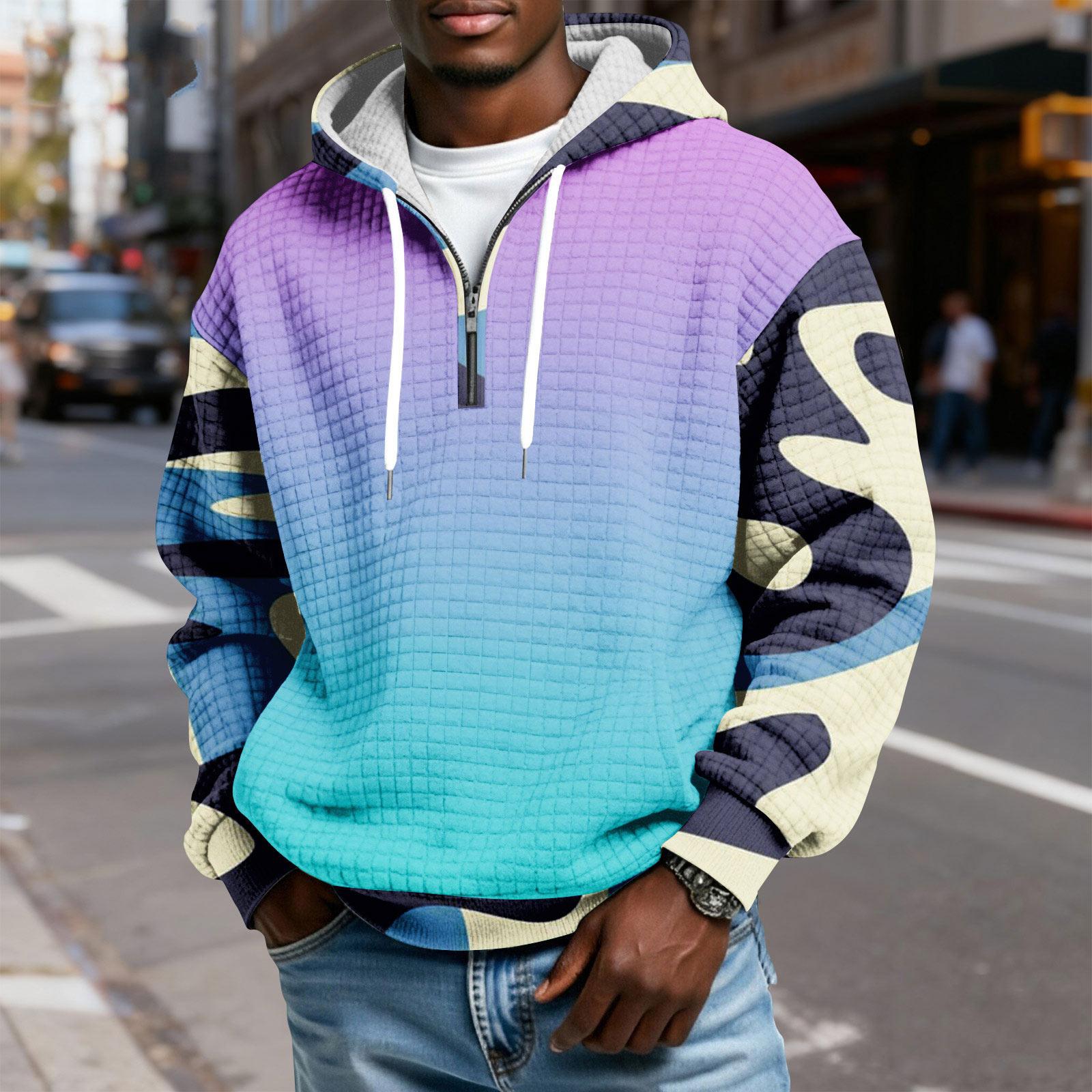 Mernfsn Heren Half-Zip Capuchon Geruit Pullover Trekkoord Print Casual Sport Sweatshirt XXL paars