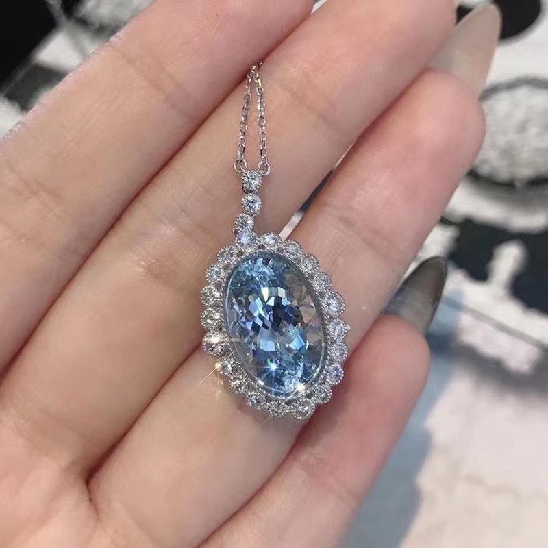 S925 Sterling Silver Aquamarine Egg-Shaped Necklace: Summer Luxury Clavicle Chain for Women, 2021 Design