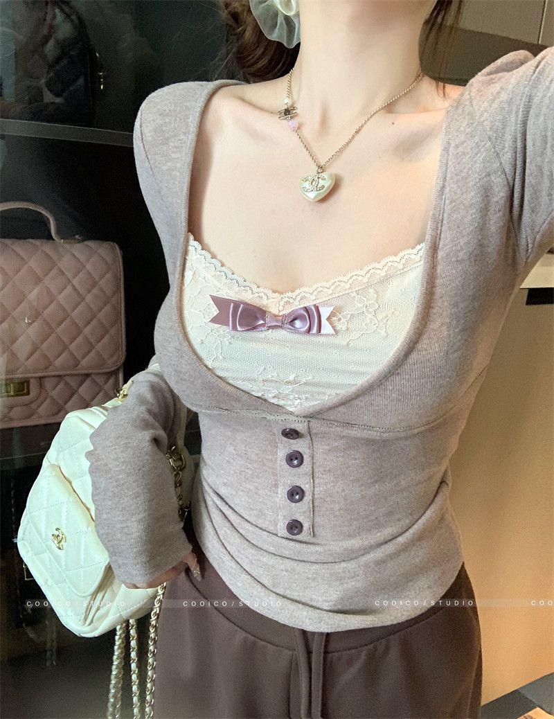 

Premium Cashmere Lace Patchwork Two-Piece Long-Sleeve Women s Top for Autumn/Winter S
