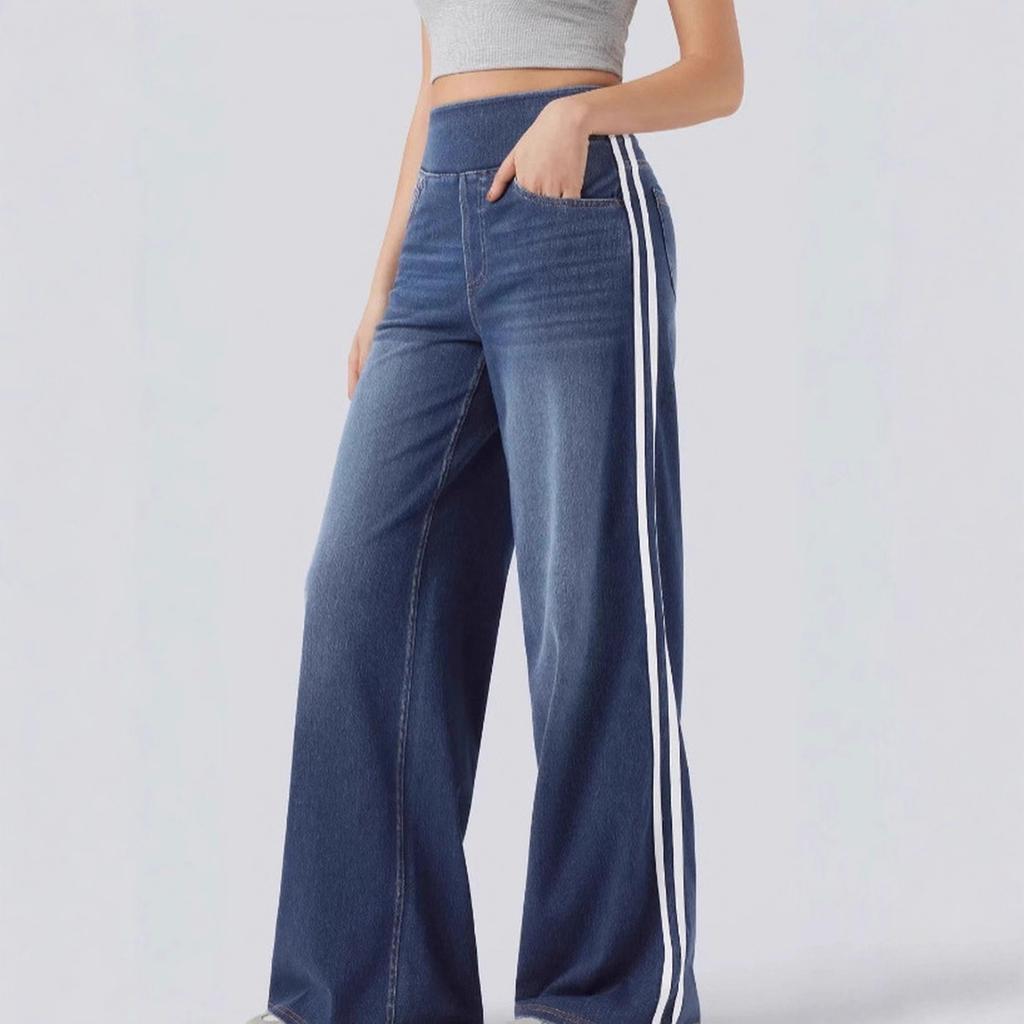 Women's Retro Side Stripe Baggy Wide Leg Jeans, Trendy Double Stripe Long Denim Pants for Casual Street