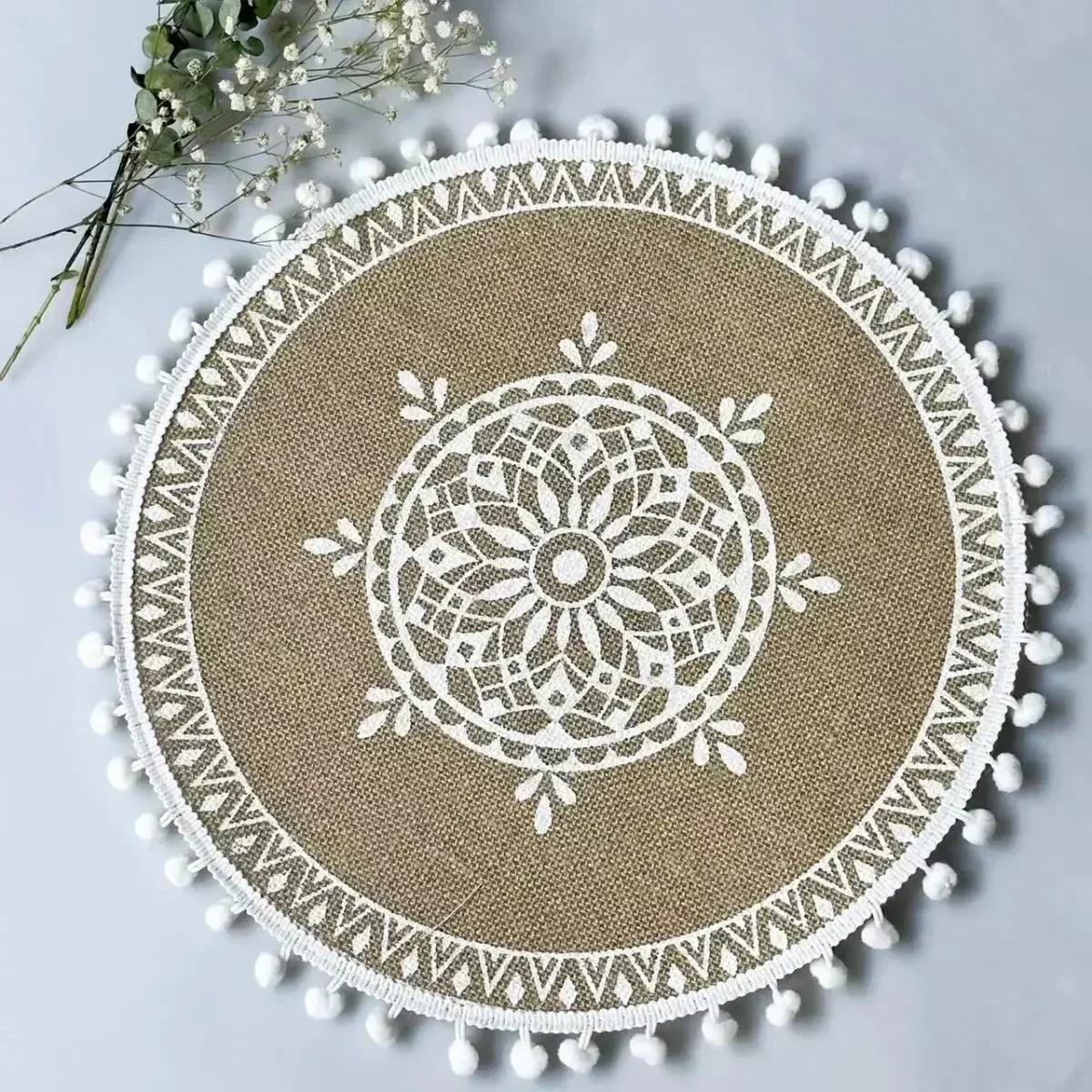 

Handmade Woven Jute Meal Cushion Home Decoration Circular Tassel Edge Tablecloth Minimalist Retro Style Tableware Insulation Mat Diameter 38cm