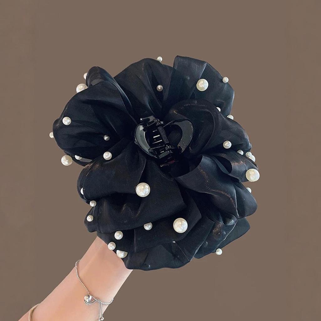 Hair Claw For Women Large Pearl Bow Gauze Shark Gripper Claw Elegant Exquisite Updo Hair Clip Girls Hair Accessories