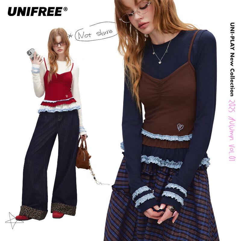 UNIFREE 2025 Autumn Sweet & Cool Ruffle Hem Long Sleeve Crop Top L