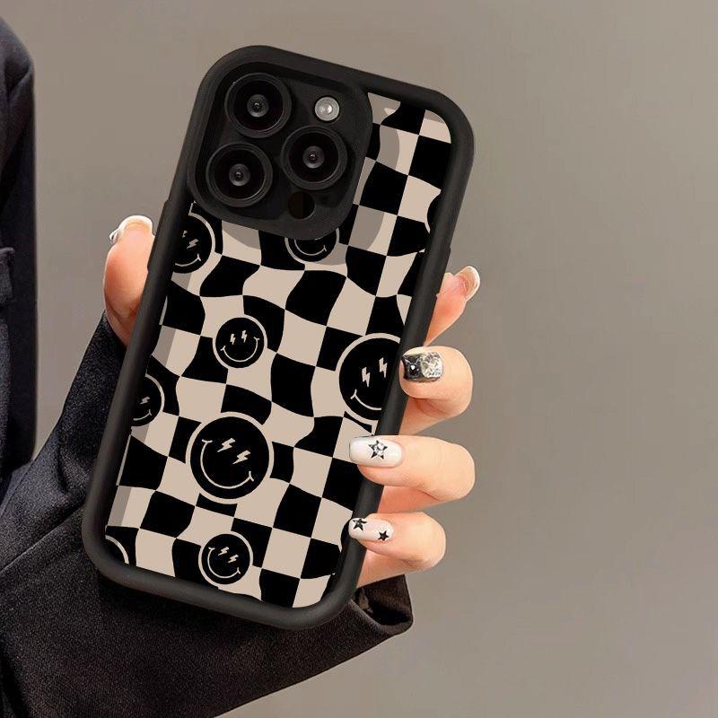 Anamorphic black smiley face for iPhone17 ProMax mobile phone case 16 Apple 17 matte 14/15 Premium 13