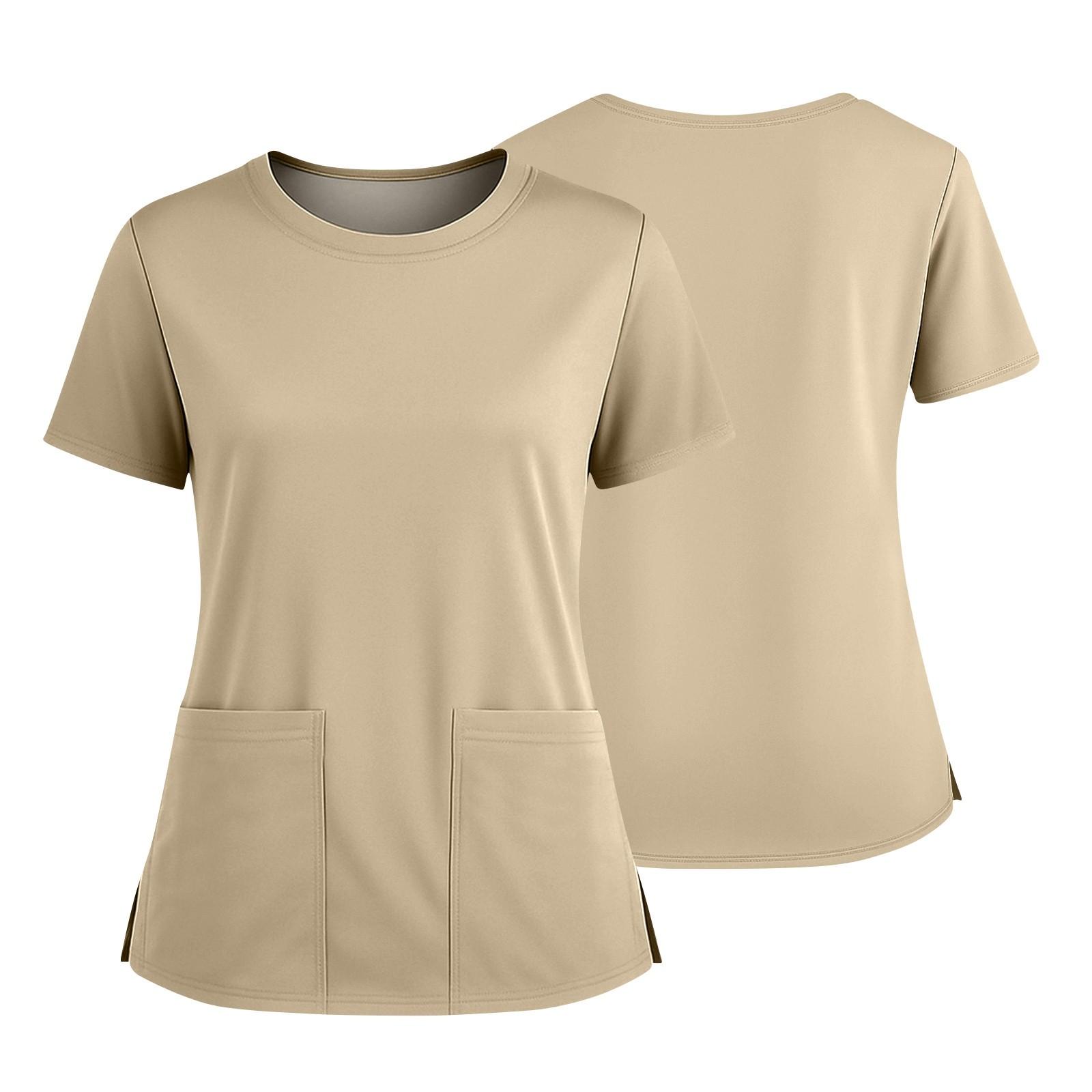 

Женская модная однотонная рубашка с круглым вырезом, карманом и короткими рукавами, с разрезом по низу, униформа и рабочая блуза XXXXL бежевый