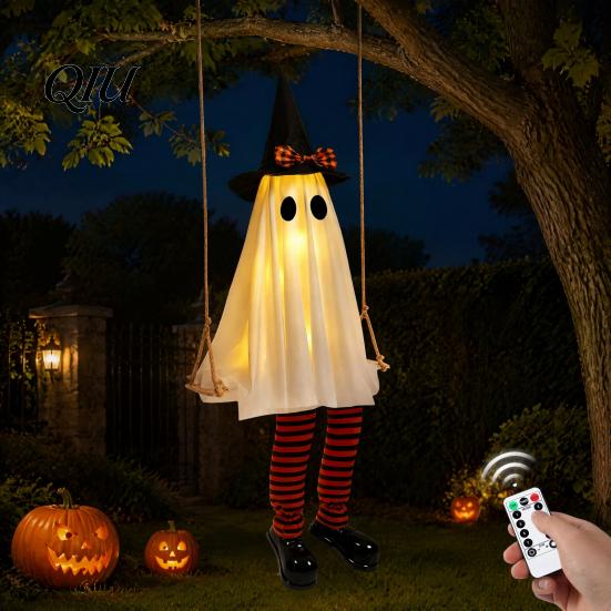 Halloween-Eingangsbereich Dekoration Hängende Schaukel Geist Dekoration, Leuchtend Große Schaukelnde mit Beleuchtetem Veranda Hexenhut Und Gestreiften Beinen für den Garten