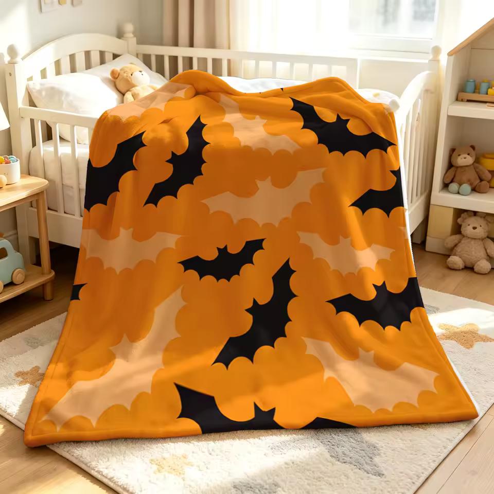 Black Orange Bat Flight Winter Summer Flannel Blanket Throw Fleece Soft Fuzzy Plush Cozy Fleece Blankets for Sofa Ideal Gifts