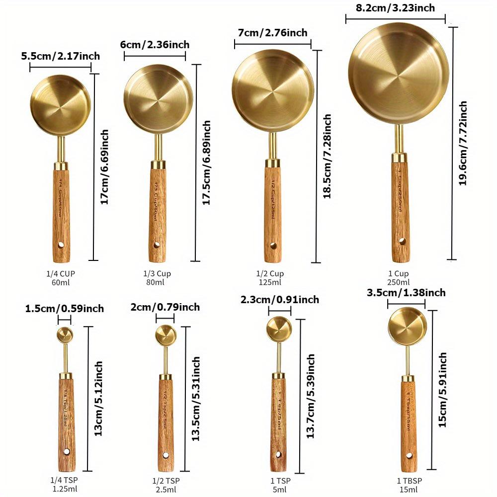 8-Piece Stainless Steel Measuring Cup & Spoon Set with Titanium Gold & Wooden Handles