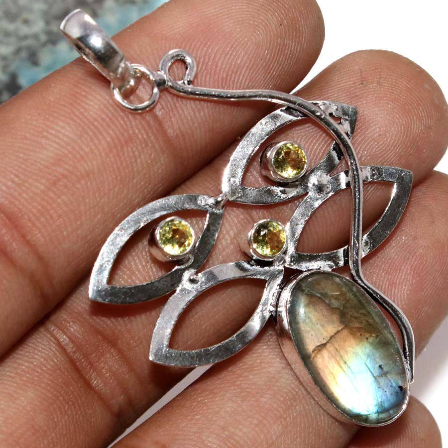 Long Fiery Labradorite Citrine 925 Silver Plated Pendant 2.2" Most Loved Gift O9b59