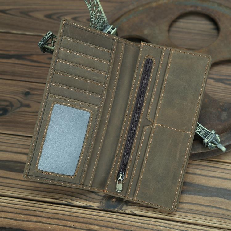 Crazy Horse Echtes Leder Bifold Lange Geldbörse für Herren Vintage Klassisch Rindsleder Herren Geldbörse Langlebiges Karten Bargeld Portemonnaie