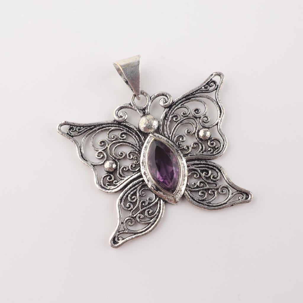 Amethyst Gemstone Silver Pendant 1.5" , 925 Sterling Silver Women Jewelry, Butterfly Pendant For Valentine's Day Gift CP-41-1