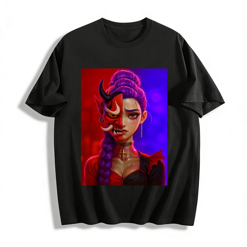 Half-faced Oni Girl Print Top Dark Style Trendy Streetwear Niche Design Casual Long Sleeve T-shirt Pure cotton T-shirt XXS