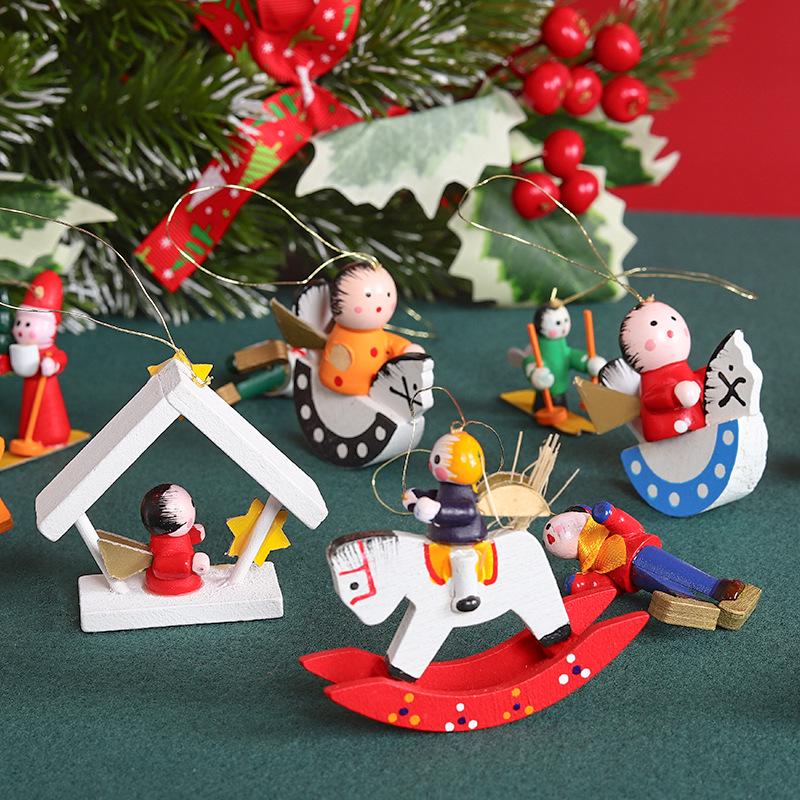 Hand-Painted Wooden Christmas Tree Ornaments Small Pendant Dolls in Box
