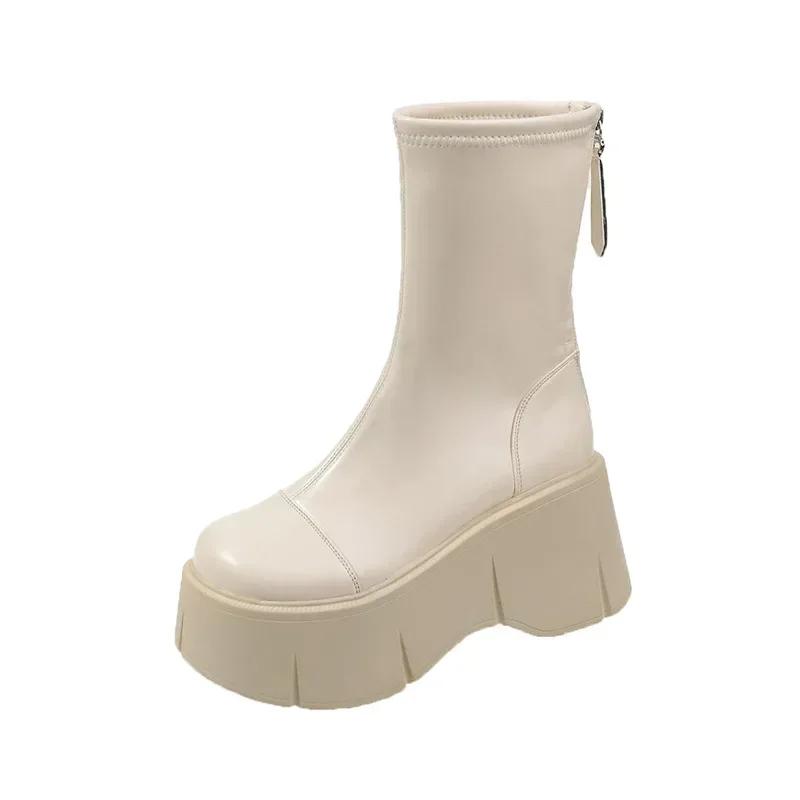 

Новые модные короткие женские ботинки с молнией сзади, на высокой платформе, с толстой подошвой, элегантные женские ботильоны в стиле панк для женщин 34 40 бежевый