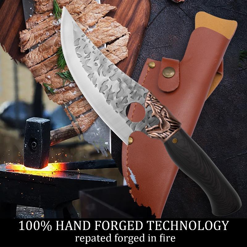 Vintage Forged Kitchen Knife Household Stainless Steel Meat Cutting Knife with Plastic Handle Forging Process Cutting Tool with Leather Knife Cover