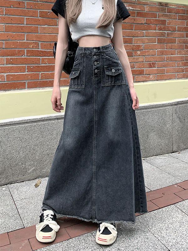 Women's Plus Size High-Waist Denim A-Line Skirt - Slim Retro Design for Autumn & Winter