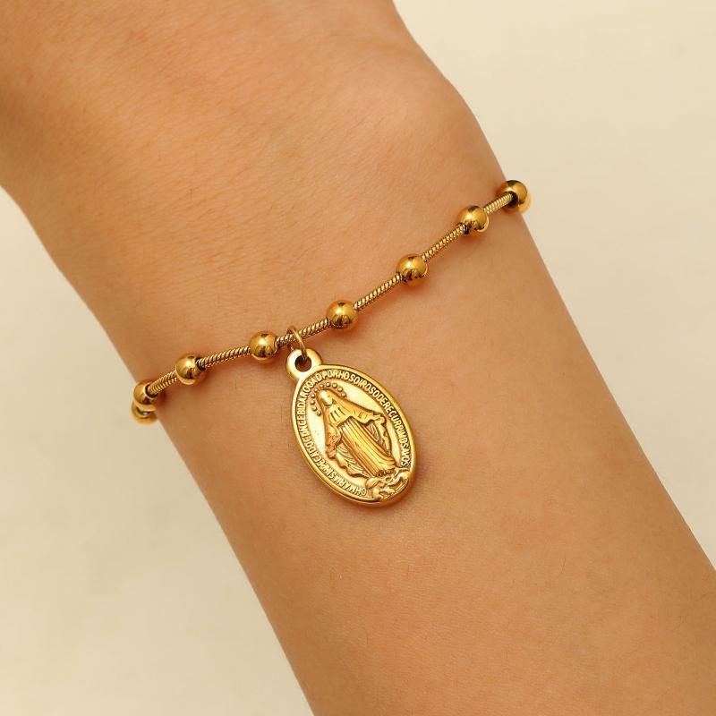 1-piece Gold Color Round Bead Oval Pendant Bracelet, Suitable for Women's Religious Prayer Holiday Accessories Jewelry