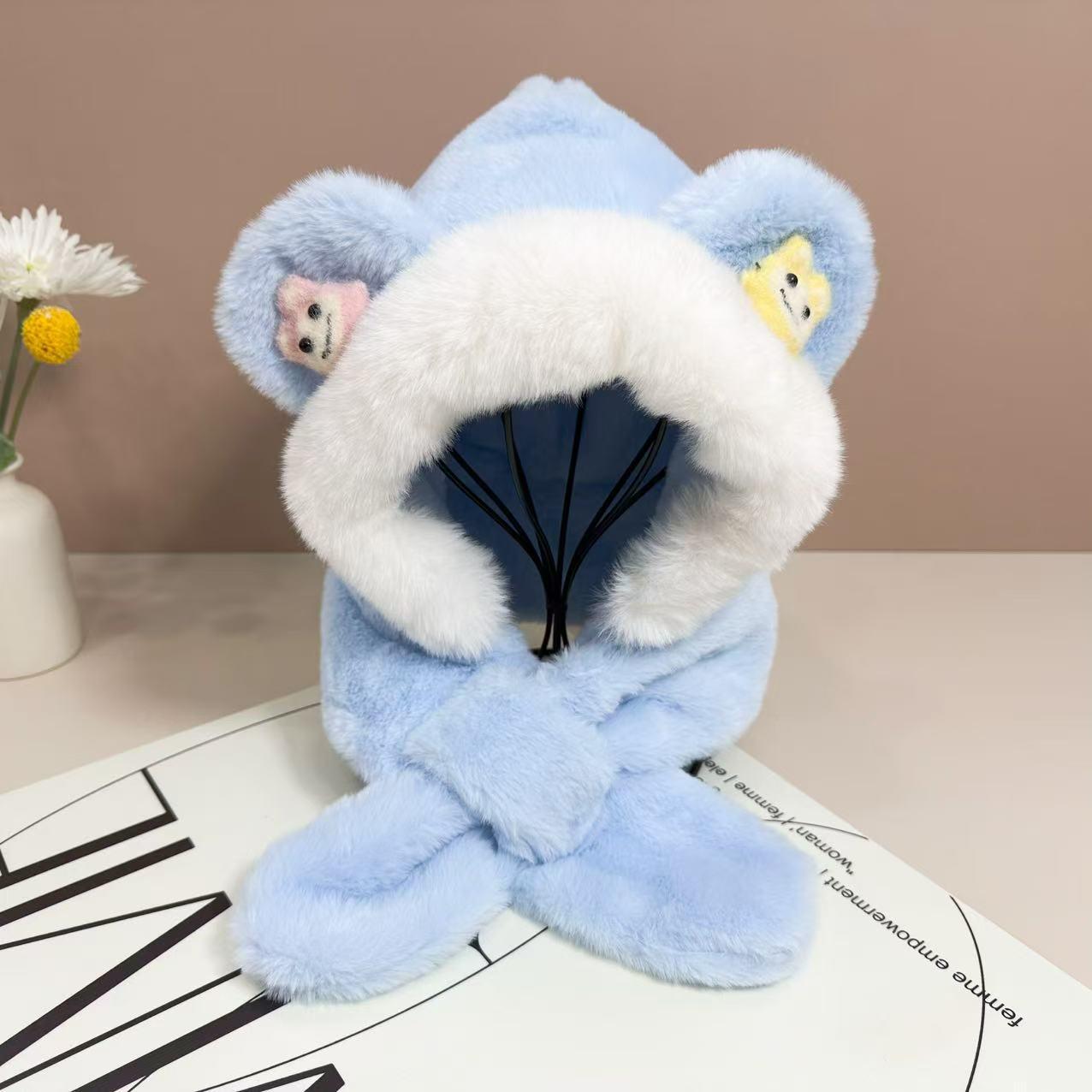 

Теплая плюшевая ветрозащитная зимняя шапка для девочек со встроенным шарфом и защитой шеи