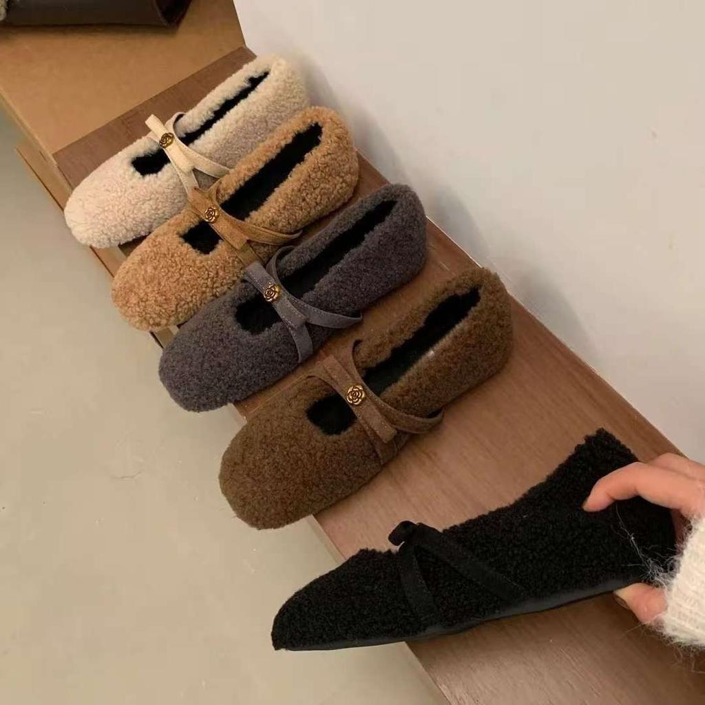 Inner height increase gentle shallow mouth Mary Jane shoes autumn and winter soft sole plush beanie shoes women