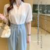 Short Sleeve Blouse Pearl Top Cut and Sewn Spring Summer Chiffon Thin Plain Green M M Size Green Green Green Green Formal Simple Office Office Casual