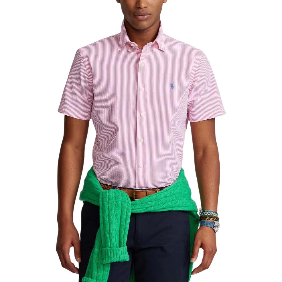 

Polo Ralph Lauren Ss24 Полосатая футболка с вышивкой маленького логотипа пони, с коротким рукавом, мужская, розовая, 710803060-001 XL