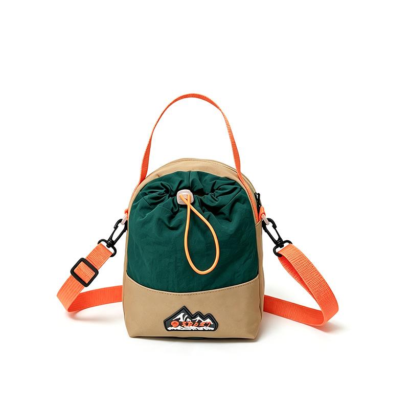 Color‑Block Drawstring Bucket Crossbody Bag, Nylon Sport Mini Handbag, Mountain Patch Decor, Detachable Adjustable Strap, Outdoor Casual Shoulder